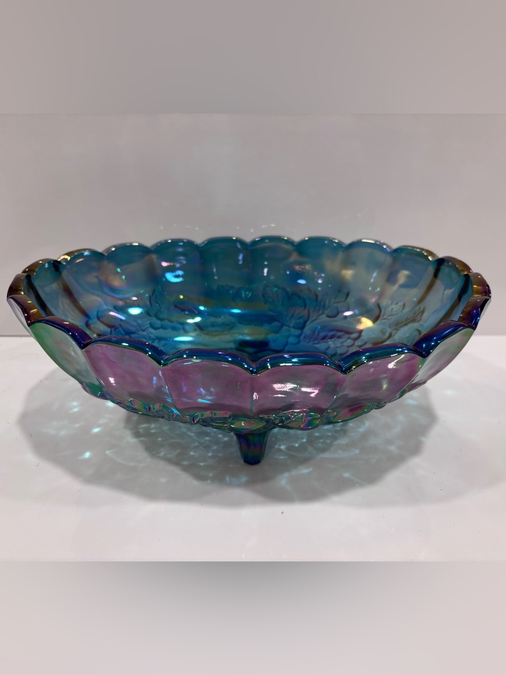 Indiana Glass Harvest Grape Carnival Glass Bowl Blue Purple Iridescent Footed- L